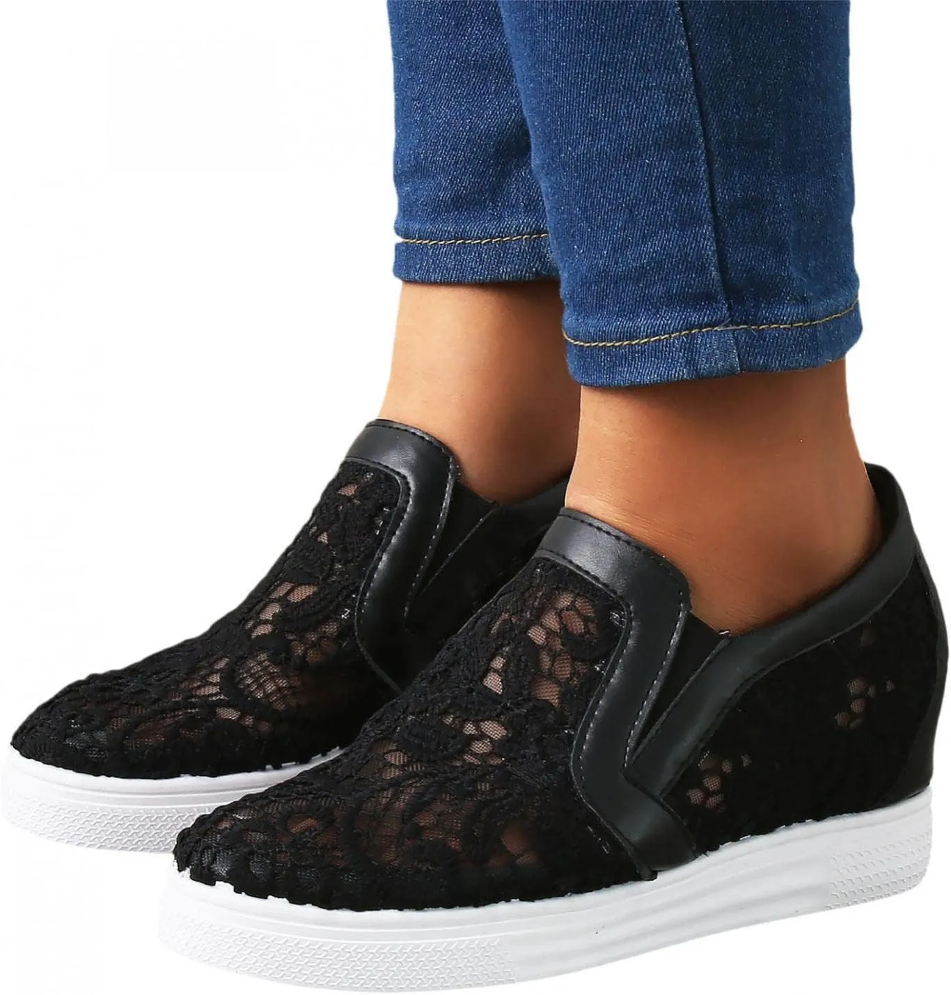 Hbeylia Platform Hidden Heels Sneakers For Women Fashion Flower Embroidered Design Lace Crochet Slip On Chunky Bottom High Heels High Top Canvas Shoes Casual Walking Slip On Loafers Work Shoes