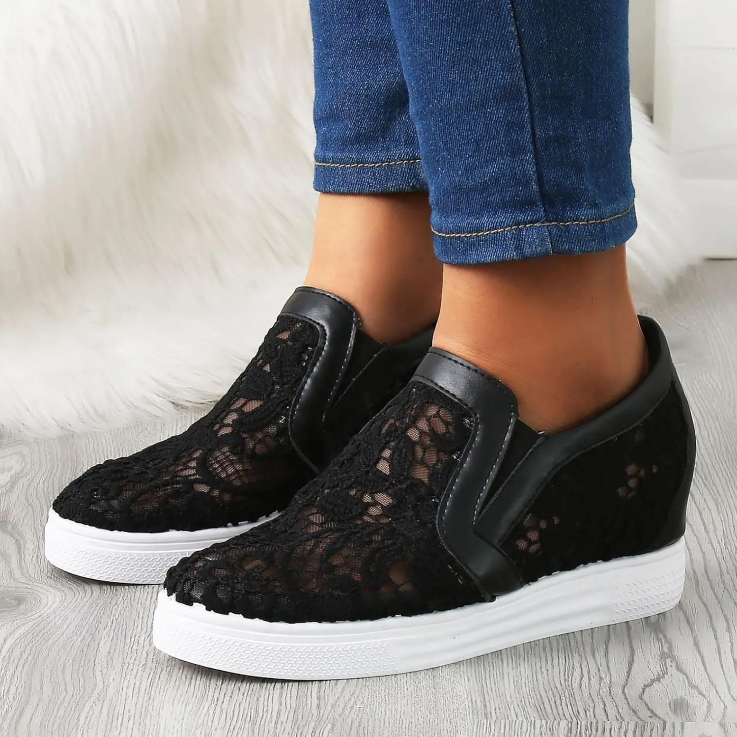 Hbeylia Platform Hidden Heels Sneakers For Women Fashion Flower Embroidered Design Lace Crochet Slip On Chunky Bottom High Heels High Top Canvas Shoes Casual Walking Slip On Loafers Work Shoes