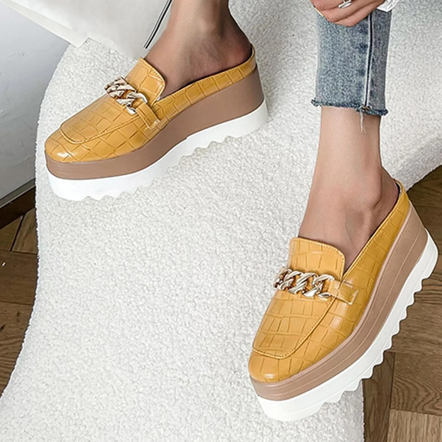 Hbeylia Platform Mule Slippers Shoes For Women Ladies Fashion Snake Leather Metal Chain Square Toe Chunky Bottom High Heels Slip On Loafers Sandals Casual Flats Dress Walking Slides Shoes For Fall