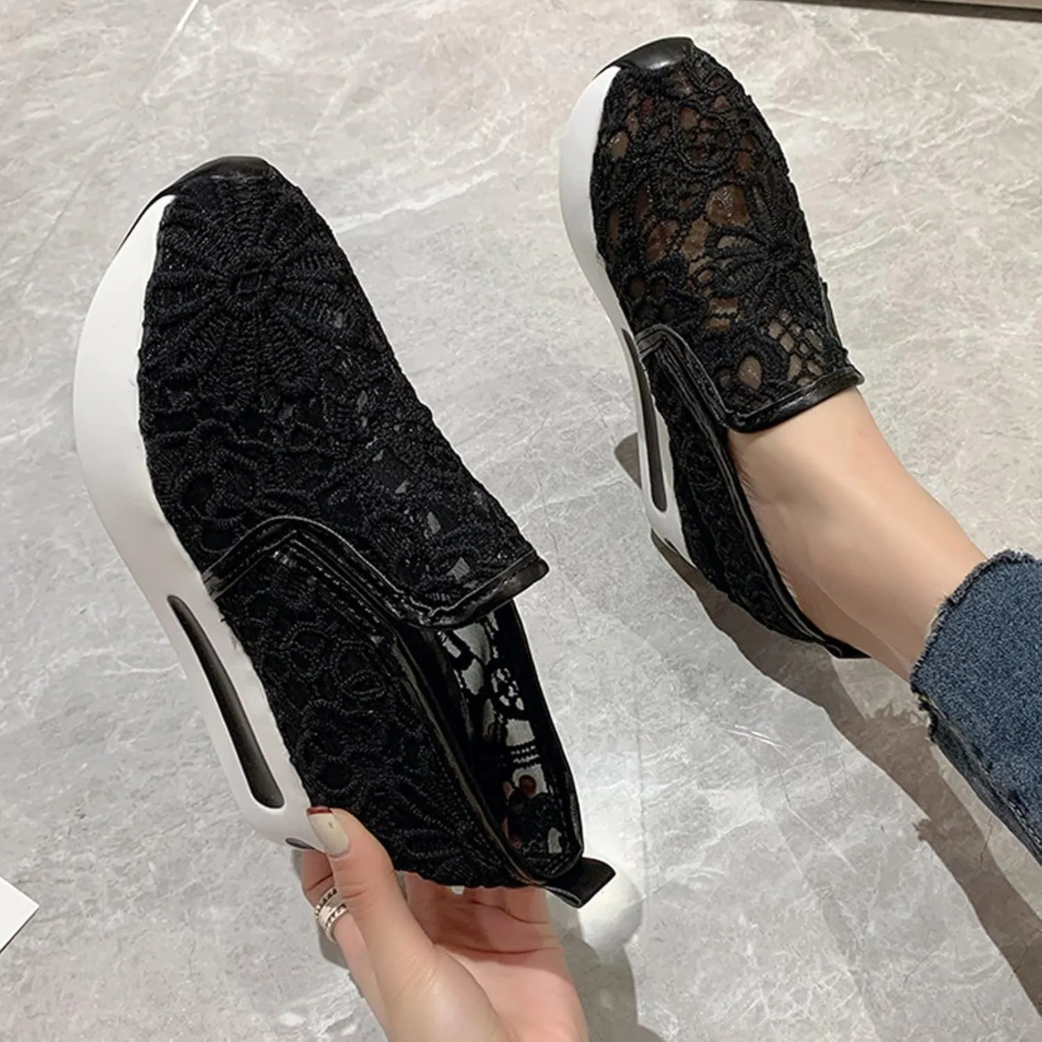 Hbeylia Platform Wedge Fashion Sneakers for Women Casual Embroidery Floral Mesh Air Lace Chunky Bottom Hidden High Heels Slip On Loafers Walking Work Shoes Arch Support Low Top Play Sneakers