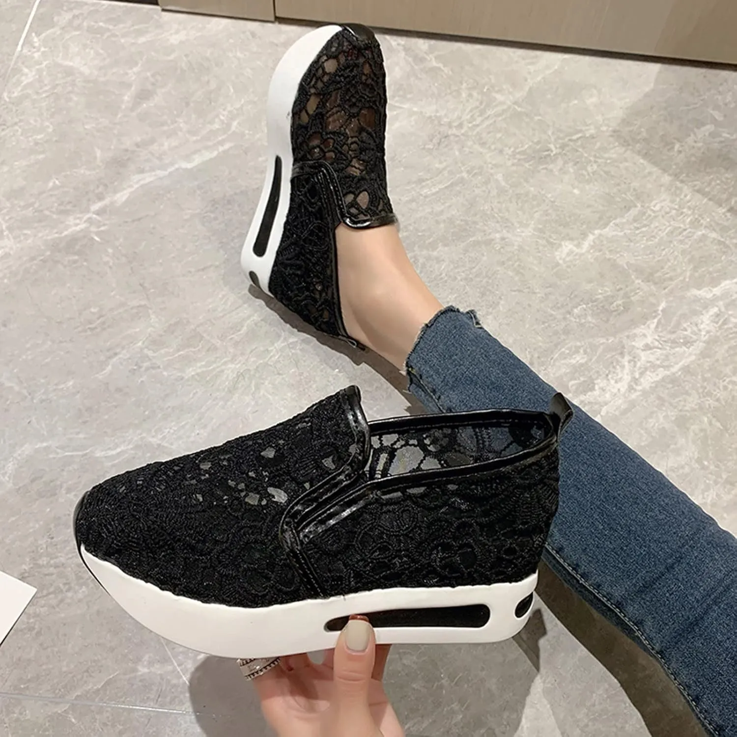 Hbeylia Platform Wedge Fashion Sneakers for Women Casual Embroidery Floral Mesh Air Lace Chunky Bottom Hidden High Heels Slip On Loafers Walking Work Shoes Arch Support Low Top Play Sneakers