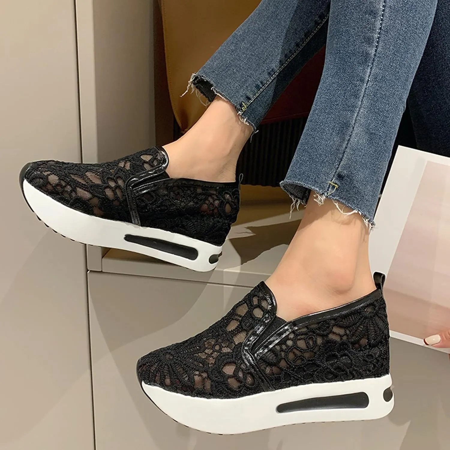 Hbeylia Platform Wedge Fashion Sneakers for Women Casual Embroidery Floral Mesh Air Lace Chunky Bottom Hidden High Heels Slip On Loafers Walking Work Shoes Arch Support Low Top Play Sneakers