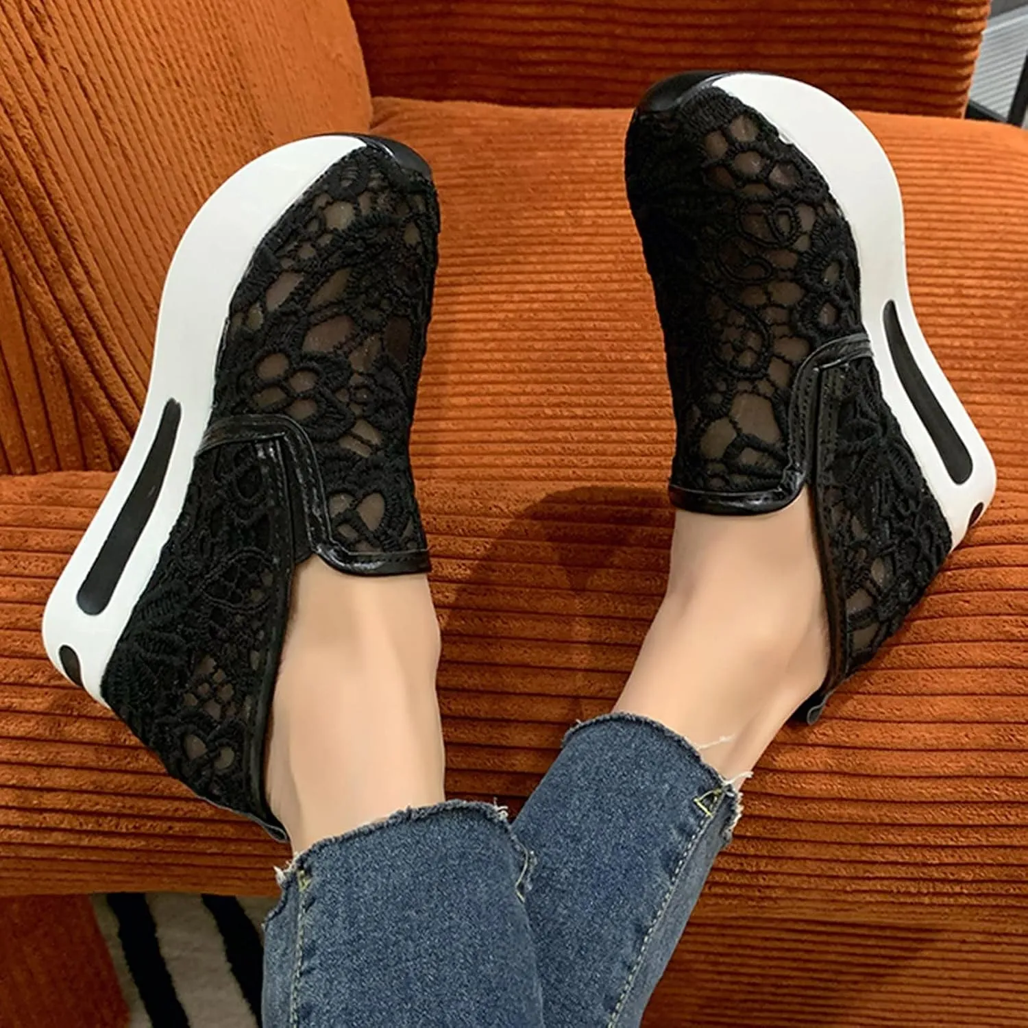 Hbeylia Platform Wedge Fashion Sneakers for Women Casual Embroidery Floral Mesh Air Lace Chunky Bottom Hidden High Heels Slip On Loafers Walking Work Shoes Arch Support Low Top Play Sneakers