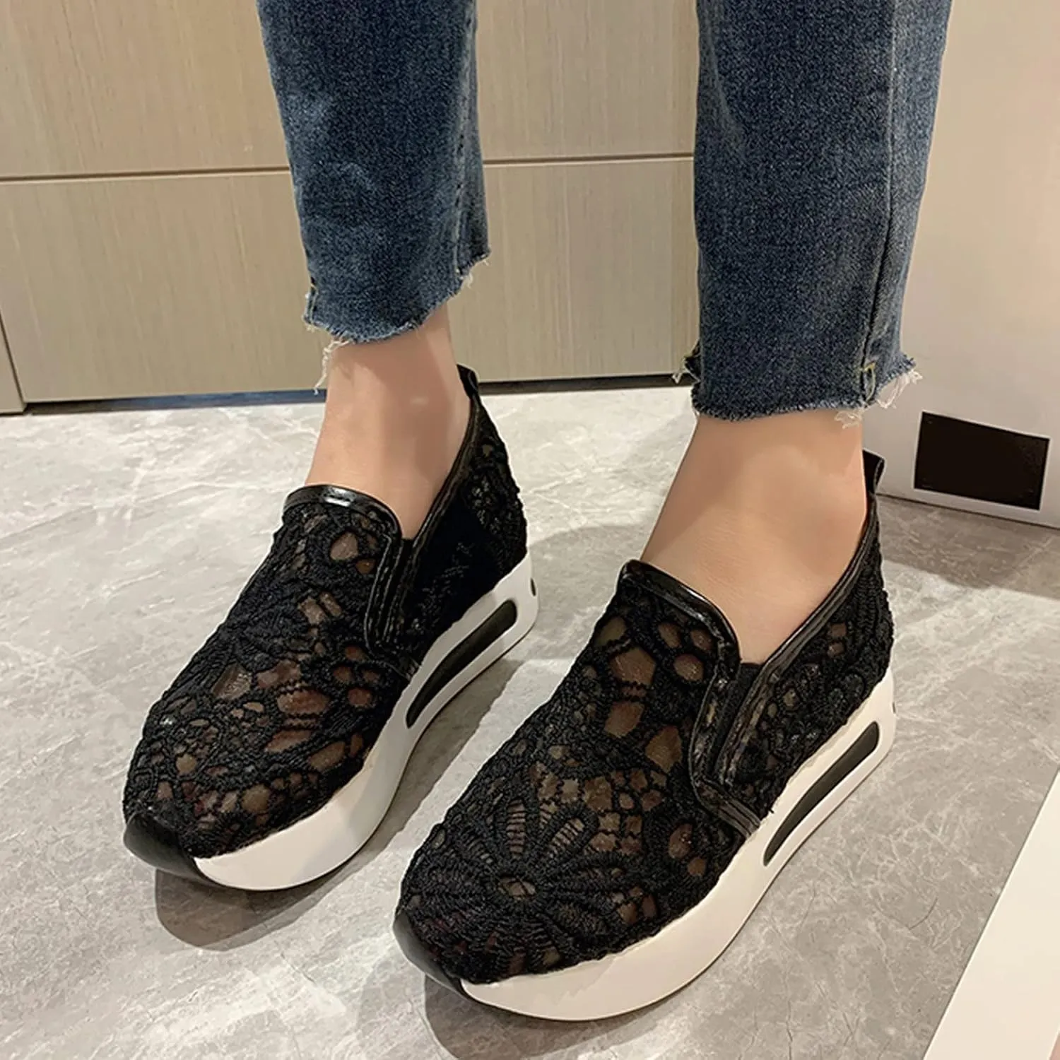 Hbeylia Platform Wedge Fashion Sneakers for Women Casual Embroidery Floral Mesh Air Lace Chunky Bottom Hidden High Heels Slip On Loafers Walking Work Shoes Arch Support Low Top Play Sneakers