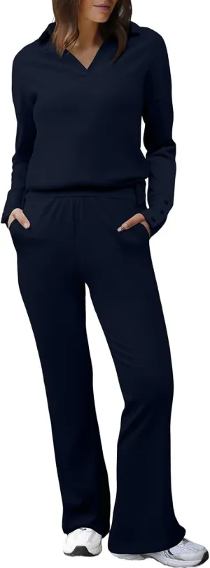 Herseas Women Sweater Set 2 Piece Outfits 2024 Long Sleeve Knit Lapel V Neck Tops High Waist Wide Leg Pants Lounge Sets
