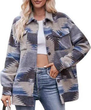 Joe Wenko Women's Wool Blend Shirt Jacket Ethnic Aztec Print Button Up Lapel Tribal Shacket
