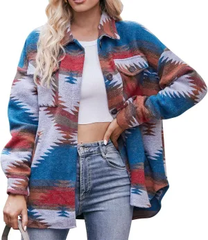 Joe Wenko Women's Wool Blend Shirt Jacket Ethnic Aztec Print Button Up Lapel Tribal Shacket