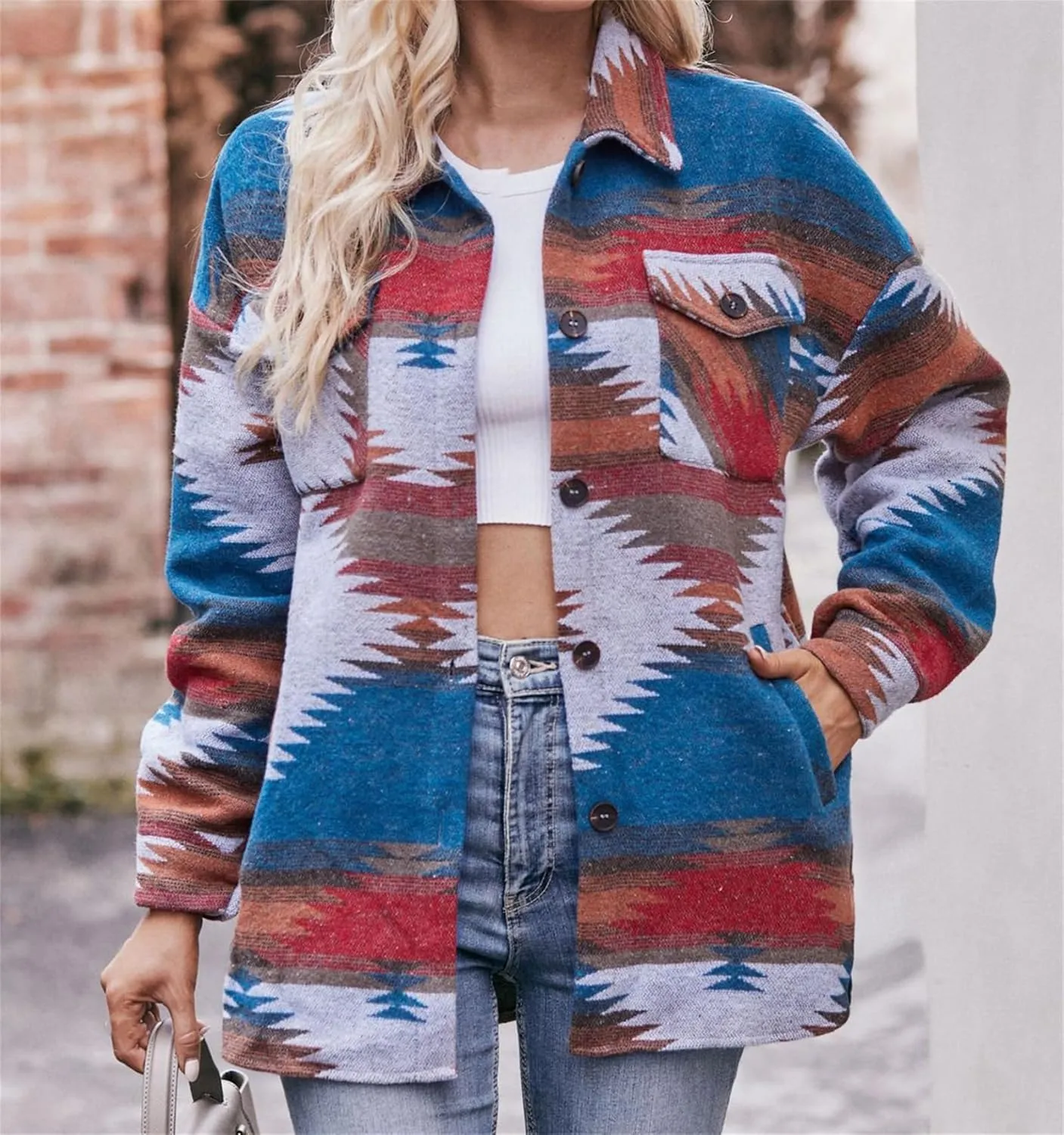 Joe Wenko Women's Wool Blend Shirt Jacket Ethnic Aztec Print Button Up Lapel Tribal Shacket