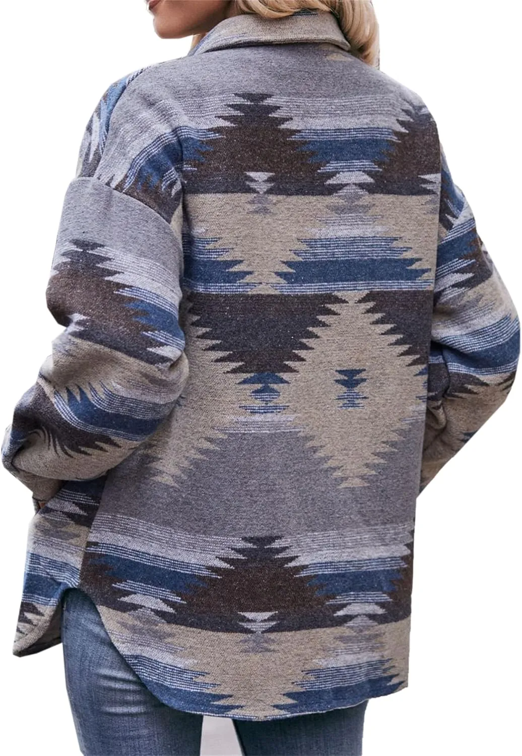 Joe Wenko Women's Wool Blend Shirt Jacket Ethnic Aztec Print Button Up Lapel Tribal Shacket