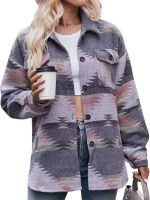 Joe Wenko Women's Wool Blend Shirt Jacket Ethnic Aztec Print Button Up Lapel Tribal Shacket