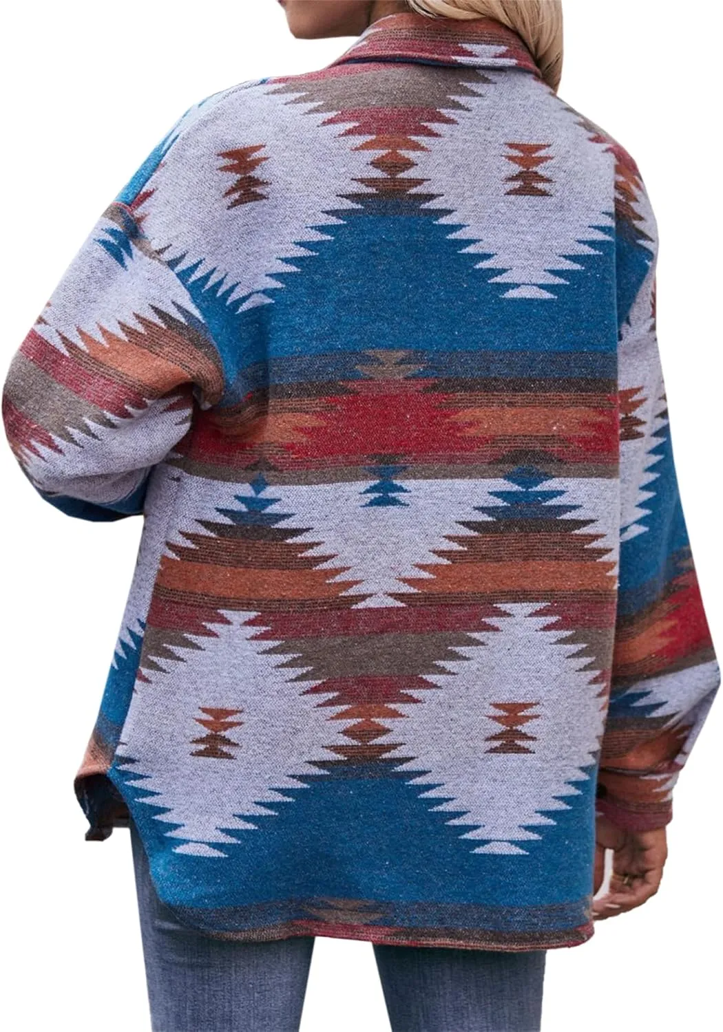 Joe Wenko Women's Wool Blend Shirt Jacket Ethnic Aztec Print Button Up Lapel Tribal Shacket