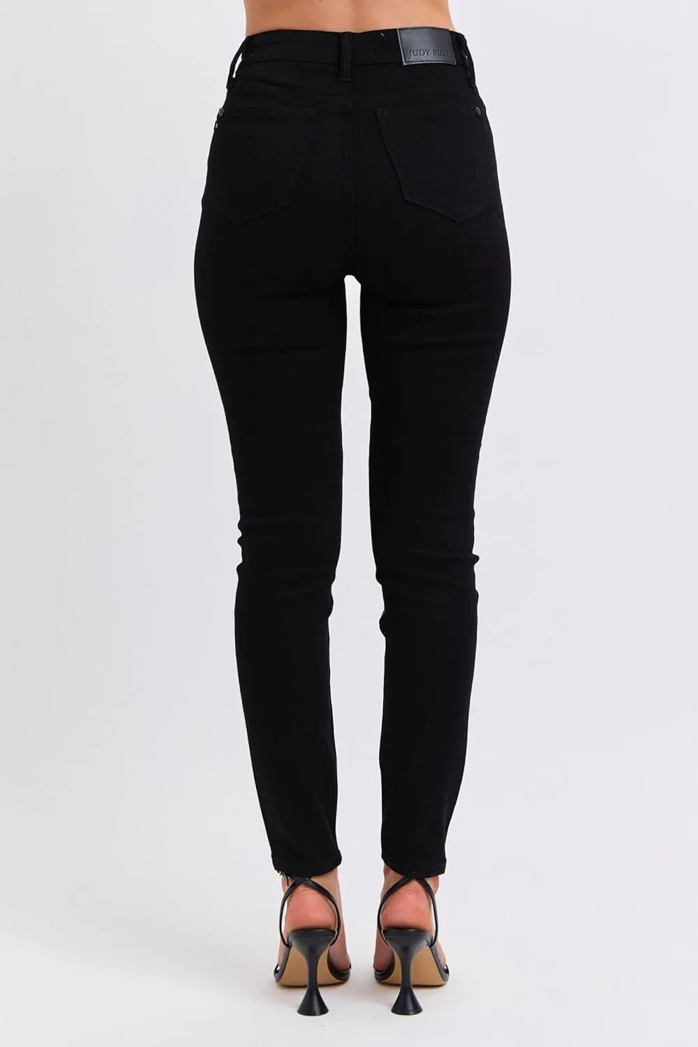 Judy Blue High Waist Faux Leather & Denim Skinny Pants - Women's Trendy Black Skinny Jeans with PU Leather Finish - 88810