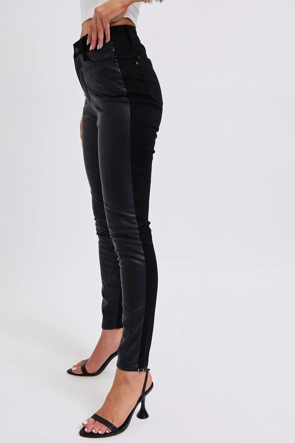Judy Blue High Waist Faux Leather & Denim Skinny Pants - Women's Trendy Black Skinny Jeans with PU Leather Finish - 88810