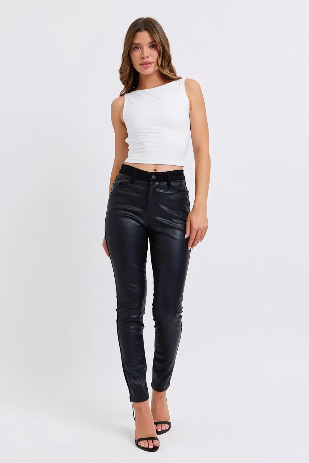 Judy Blue High Waist Faux Leather & Denim Skinny Pants - Women's Trendy Black Skinny Jeans with PU Leather Finish - 88810