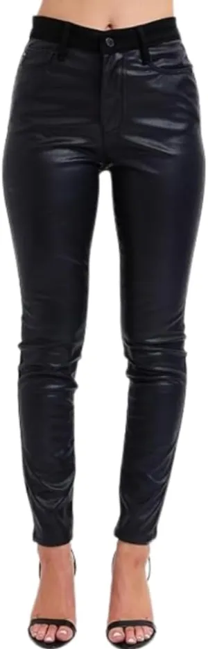 Judy Blue High Waist Faux Leather & Denim Skinny Pants - Women's Trendy Black Skinny Jeans with PU Leather Finish - 88810