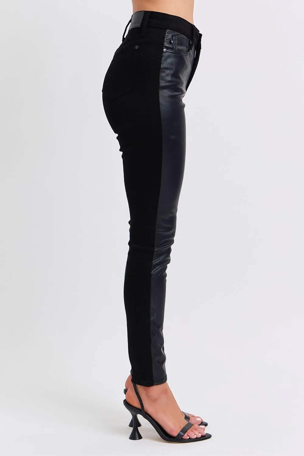 Judy Blue High Waist Faux Leather & Denim Skinny Pants - Women's Trendy Black Skinny Jeans with PU Leather Finish - 88810