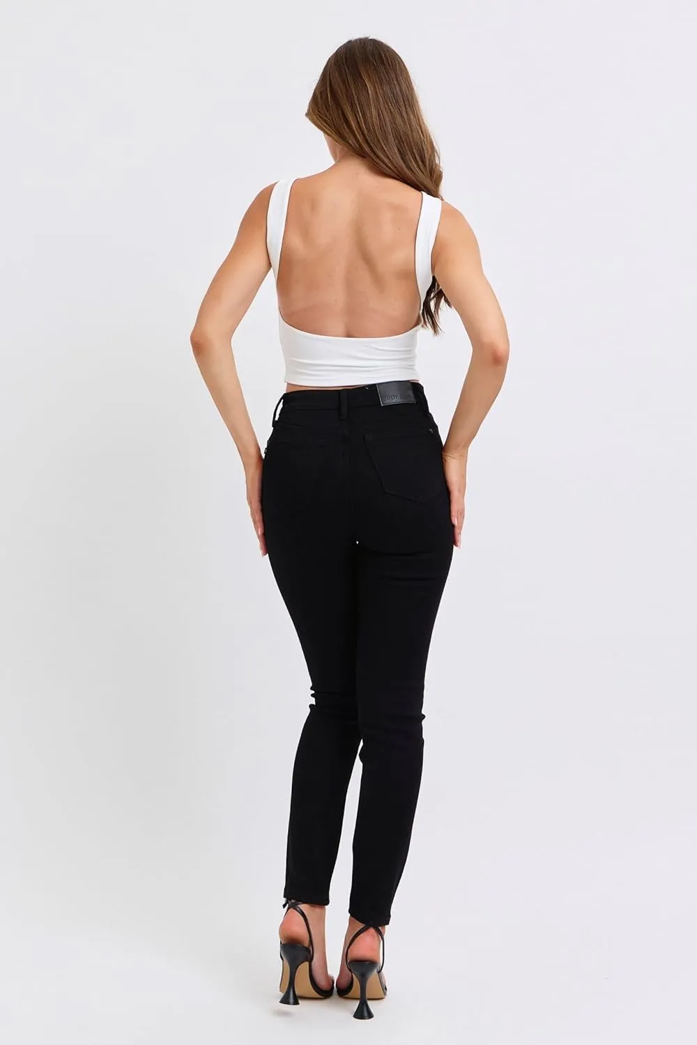Judy Blue High Waist Faux Leather & Denim Skinny Pants - Women's Trendy Black Skinny Jeans with PU Leather Finish - 88810