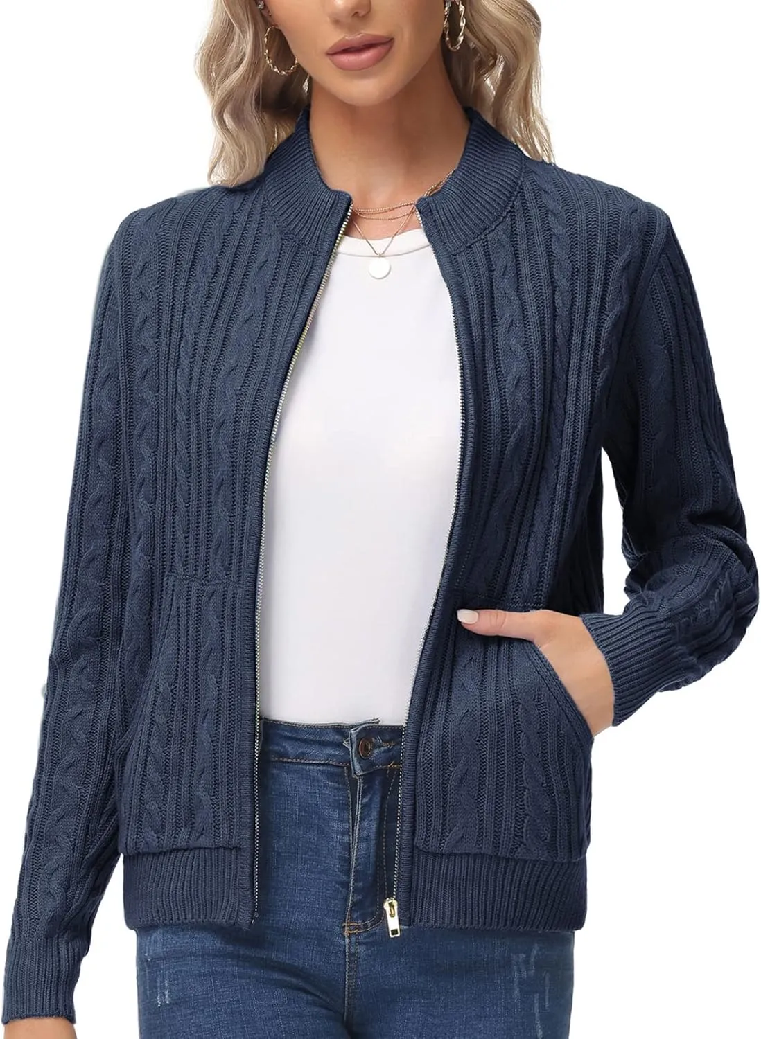 KANCY KOLE Women's Zip Up Cable Knit Sweater Long Sleeve Open Front Cardigan Warm Cardigan with Pockets Outwear Coat