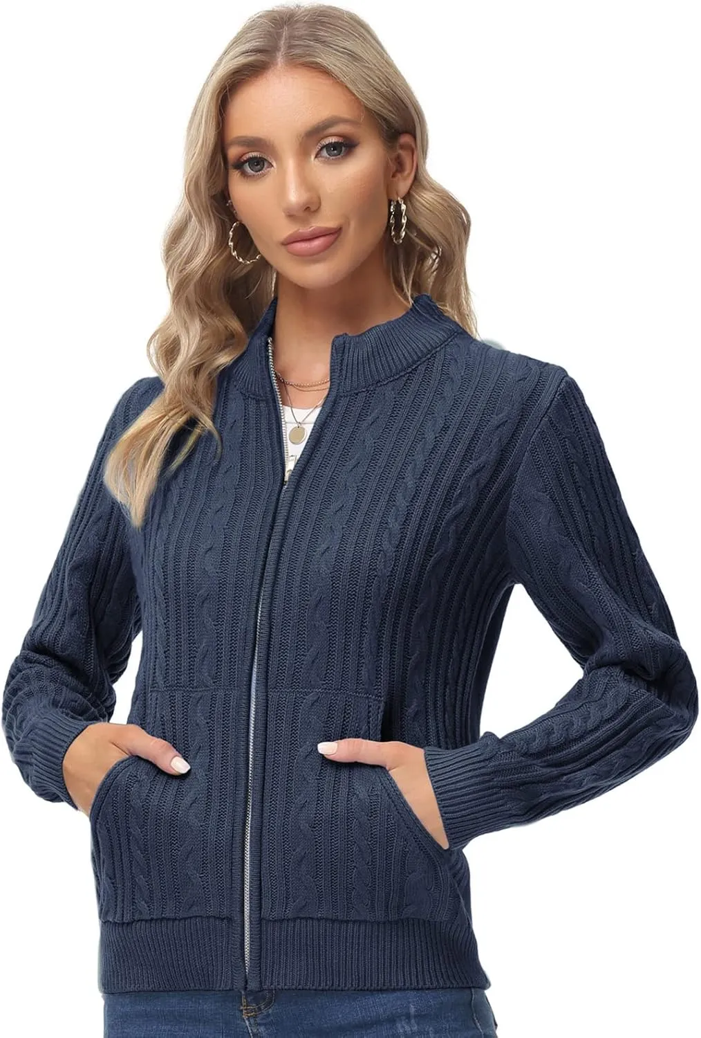 KANCY KOLE Women's Zip Up Cable Knit Sweater Long Sleeve Open Front Cardigan Warm Cardigan with Pockets Outwear Coat