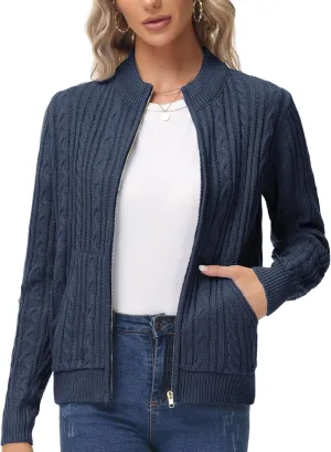 KANCY KOLE Women's Zip Up Cable Knit Sweater Long Sleeve Open Front Cardigan Warm Cardigan with Pockets Outwear Coat