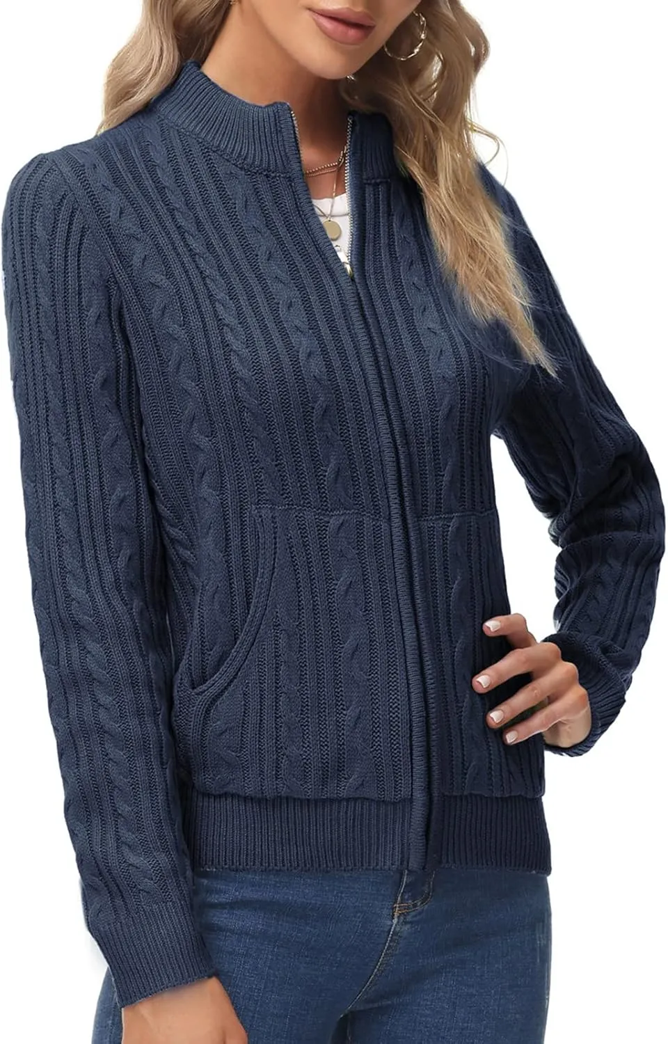 KANCY KOLE Women's Zip Up Cable Knit Sweater Long Sleeve Open Front Cardigan Warm Cardigan with Pockets Outwear Coat
