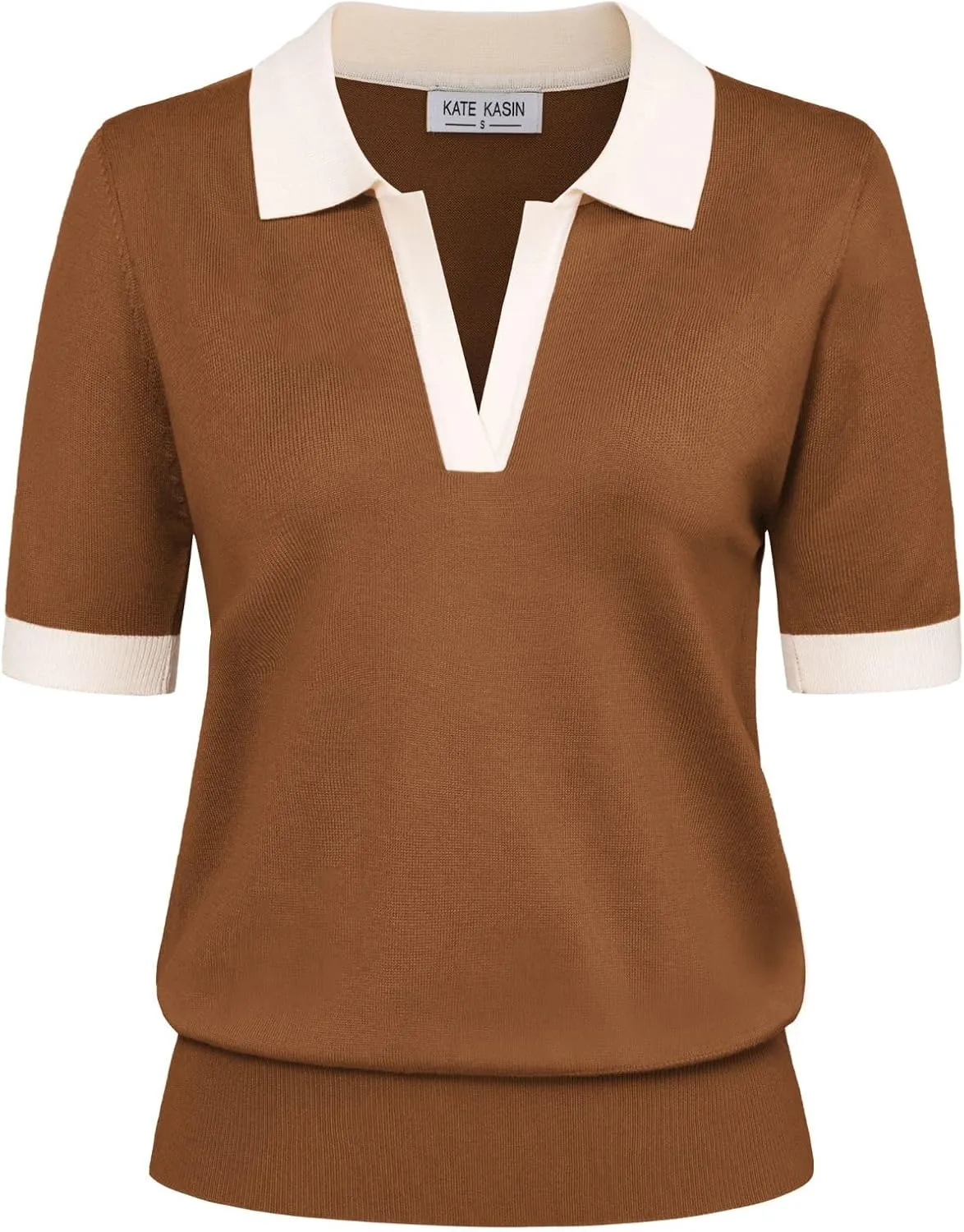 Kate Kasin Women Short Sleeve Polo Sweater V Neck Knitted Tops Casual Ribbed Shirt Loose Pullover Sweater