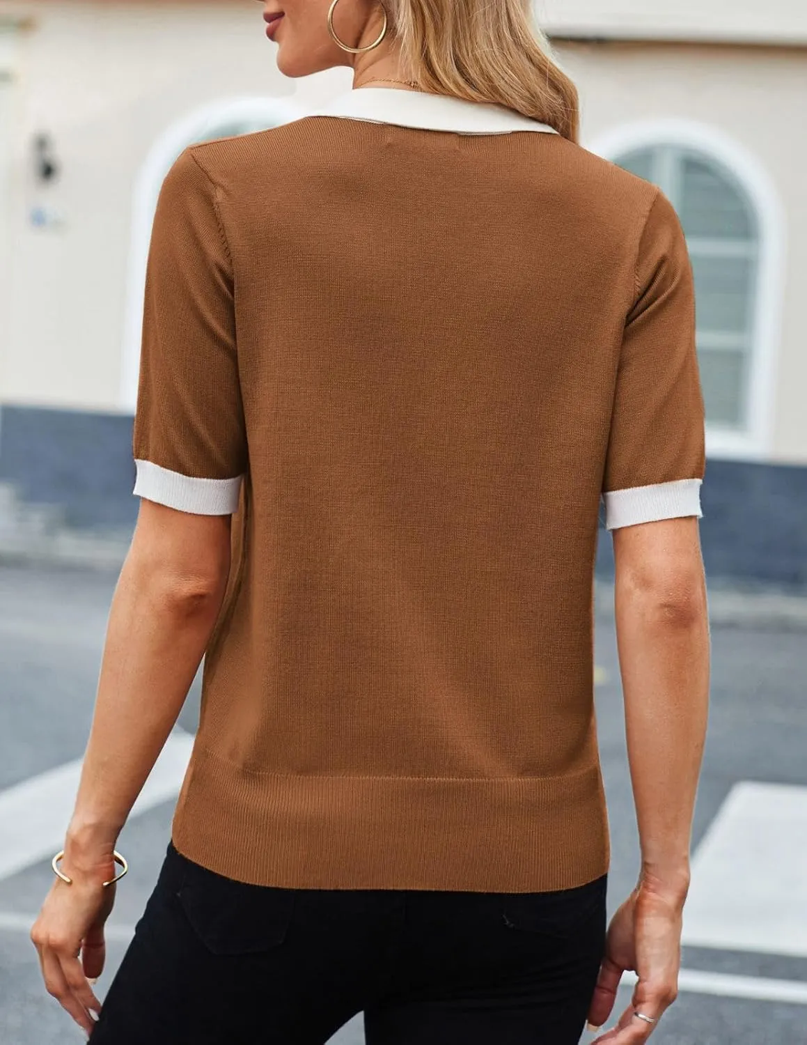 Kate Kasin Women Short Sleeve Polo Sweater V Neck Knitted Tops Casual Ribbed Shirt Loose Pullover Sweater