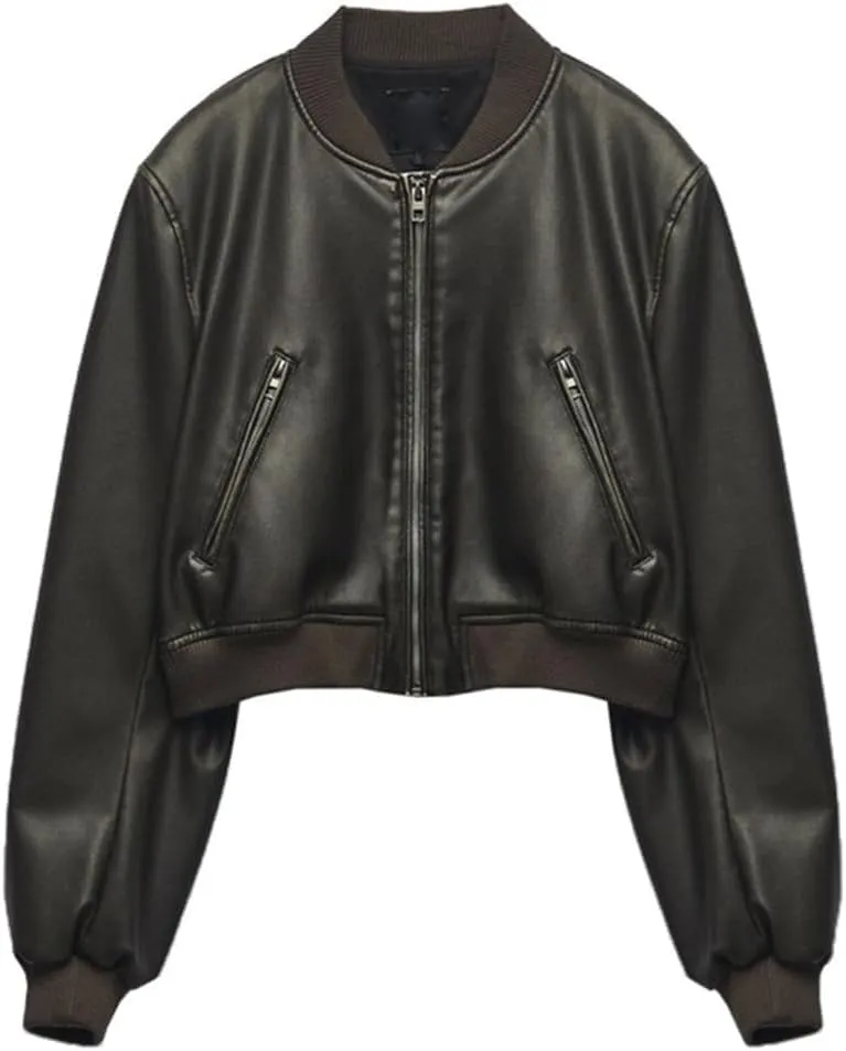 KEOMUD Women's Cropped Bomber Jacket Zip Casual Moto Biker Faux Leather Jacket with Pockets