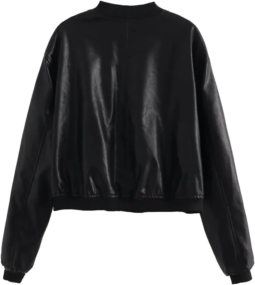 KEOMUD Women's Cropped Bomber Jacket Zip Casual Moto Biker Faux Leather Jacket with Pockets