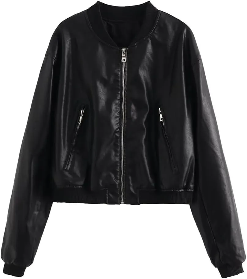 KEOMUD Women's Cropped Bomber Jacket Zip Casual Moto Biker Faux Leather Jacket with Pockets