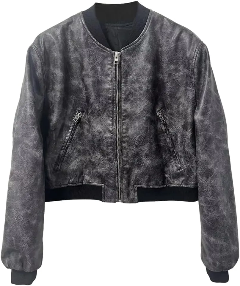 KEOMUD Women's Cropped Bomber Jacket Zip Casual Moto Biker Faux Leather Jacket with Pockets