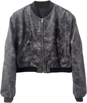 KEOMUD Women's Cropped Bomber Jacket Zip Casual Moto Biker Faux Leather Jacket with Pockets