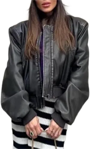 KEOMUD Women's Cropped Bomber Jacket Zip Casual Moto Biker Faux Leather Jacket with Pockets