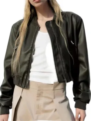 KEOMUD Women's Cropped Bomber Jacket Zip Casual Moto Biker Faux Leather Jacket with Pockets