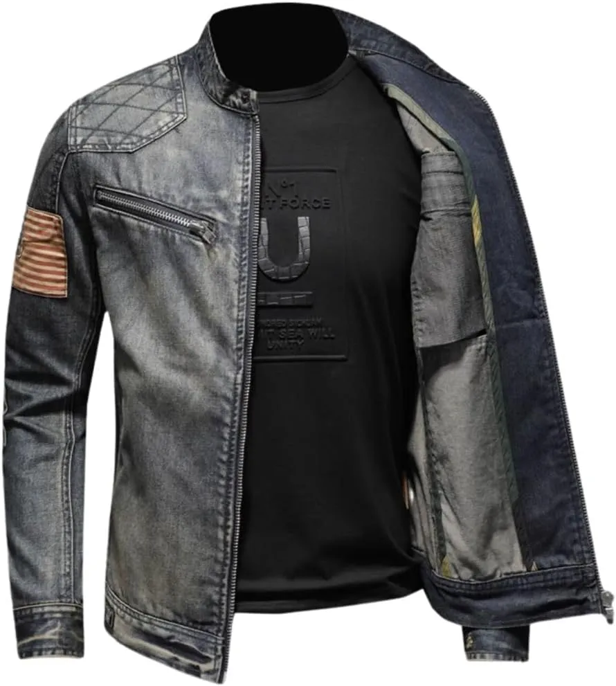 Kinkia Men's Distressed Denim Jacket American Flag Patchwork Automotive Trucker Jean Jackets Coat