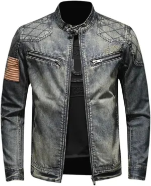 Kinkia Men's Distressed Denim Jacket American Flag Patchwork Automotive Trucker Jean Jackets Coat