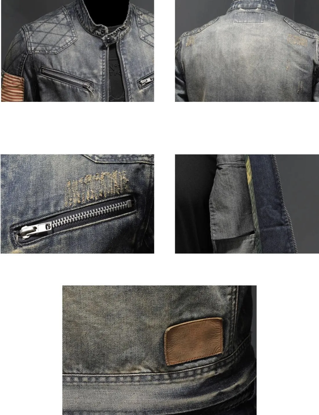 Kinkia Men's Distressed Denim Jacket American Flag Patchwork Automotive Trucker Jean Jackets Coat