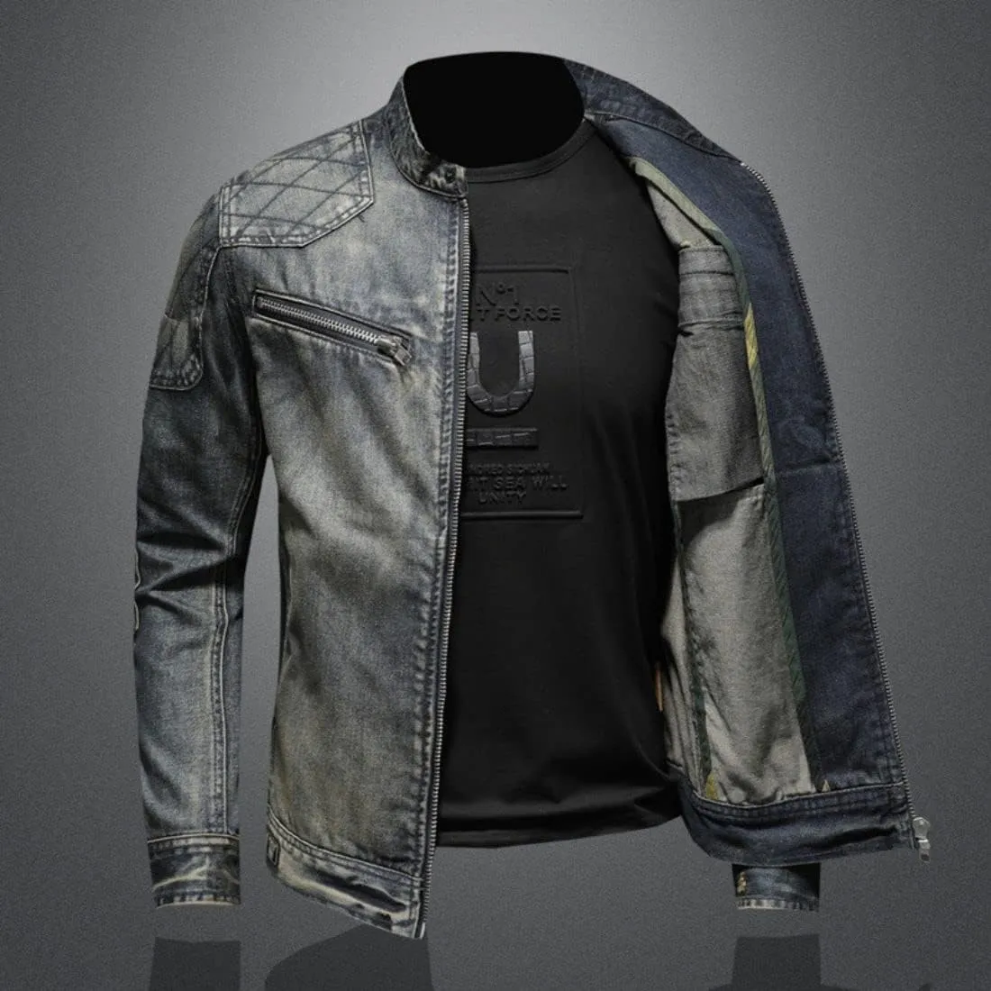 Kinkia Men's Distressed Denim Jacket American Flag Patchwork Automotive Trucker Jean Jackets Coat