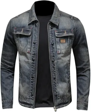 Kinkia Men's Frayed Denim Jacket Full Zip Washed Classic Casual Slim Fit Trucker Jackets Coat