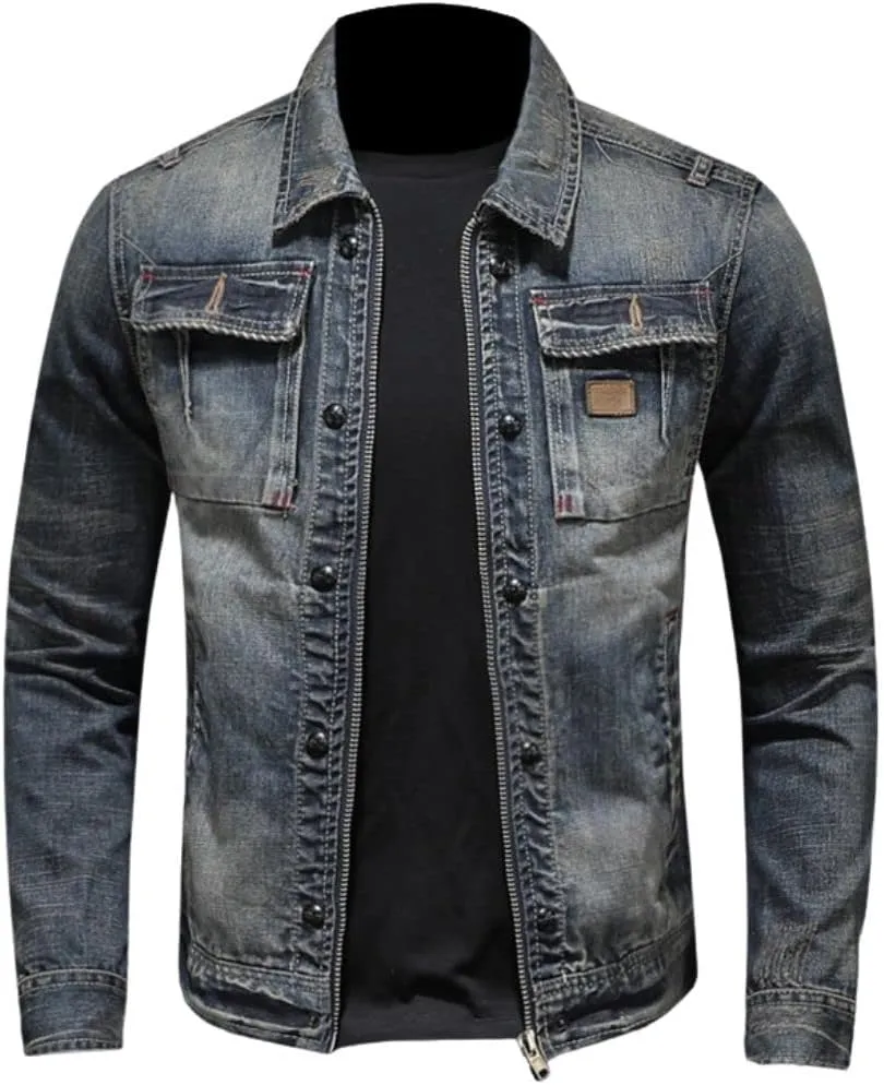 Kinkia Men's Frayed Denim Jacket Full Zip Washed Classic Casual Slim Fit Trucker Jackets Coat