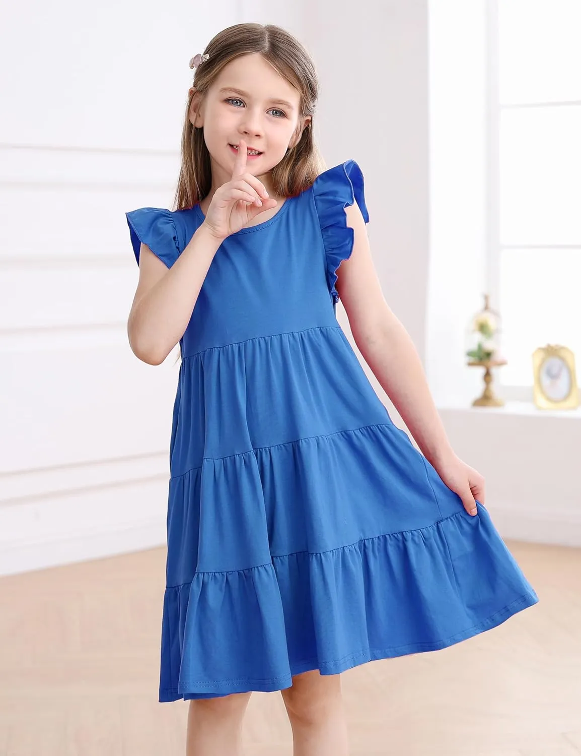 KISSOURBABY Girl's Summer Dresses Cotton Ruffled Sleeves Tiered Swing Sundress with Pockets