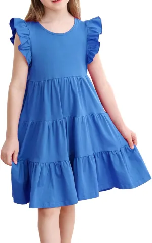 KISSOURBABY Girl's Summer Dresses Cotton Ruffled Sleeves Tiered Swing Sundress with Pockets