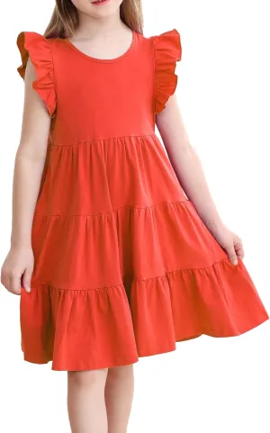 KISSOURBABY Girl's Summer Dresses Cotton Ruffled Sleeves Tiered Swing Sundress with Pockets