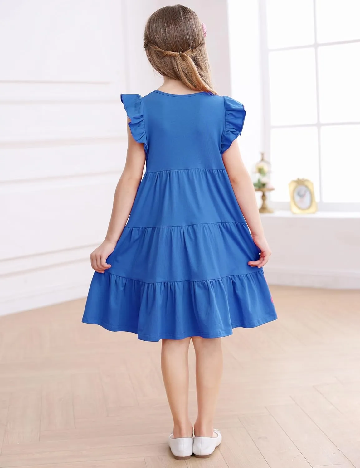 KISSOURBABY Girl's Summer Dresses Cotton Ruffled Sleeves Tiered Swing Sundress with Pockets