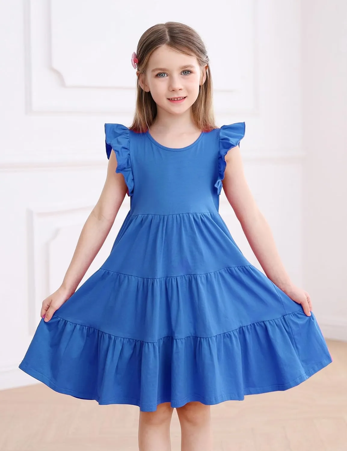 KISSOURBABY Girl's Summer Dresses Cotton Ruffled Sleeves Tiered Swing Sundress with Pockets