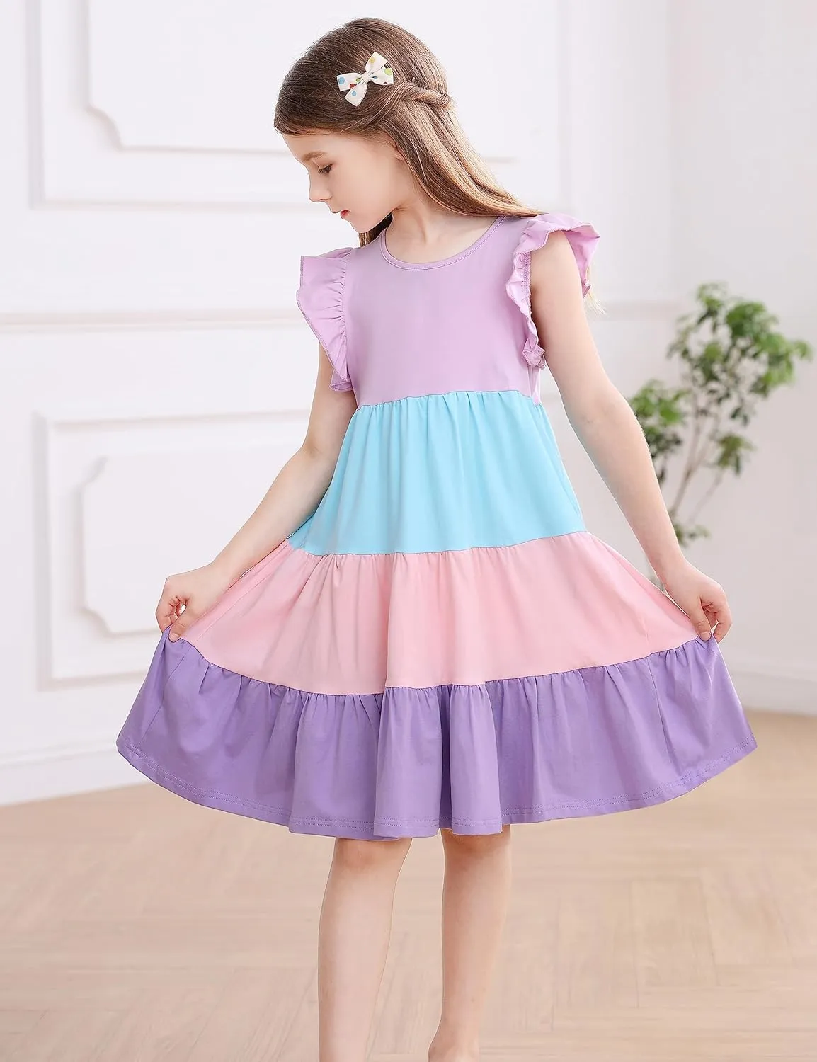KISSOURBABY Girl's Summer Dresses Cotton Ruffled Sleeves Tiered Swing Sundress with Pockets