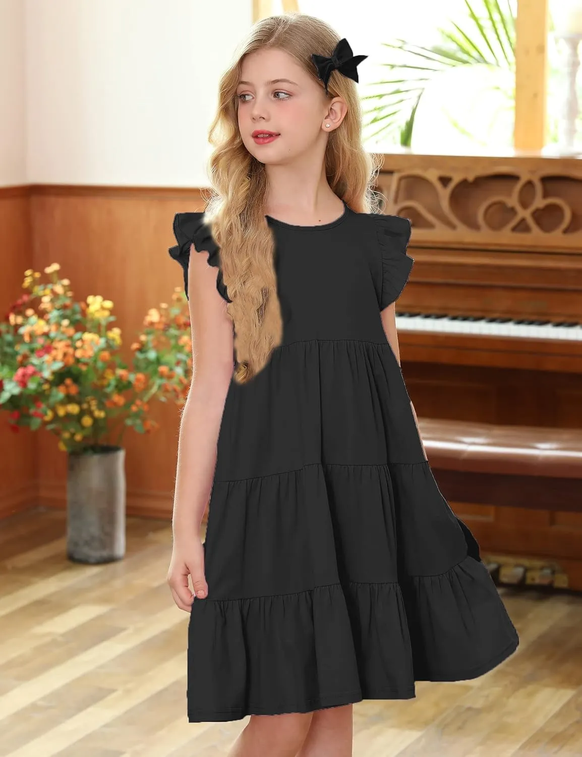 KISSOURBABY Girl's Summer Dresses Cotton Ruffled Sleeves Tiered Swing Sundress with Pockets