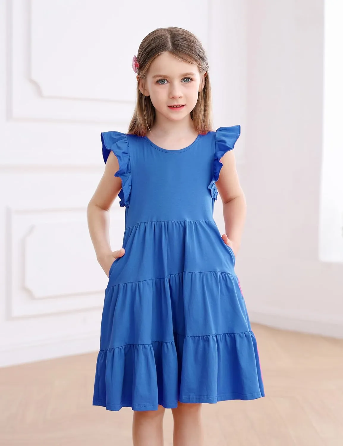 KISSOURBABY Girl's Summer Dresses Cotton Ruffled Sleeves Tiered Swing Sundress with Pockets