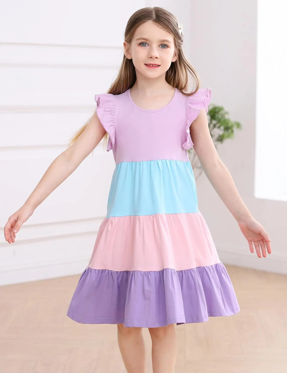 KISSOURBABY Girl's Summer Dresses Cotton Ruffled Sleeves Tiered Swing Sundress with Pockets