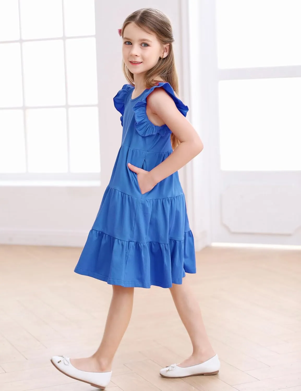 KISSOURBABY Girl's Summer Dresses Cotton Ruffled Sleeves Tiered Swing Sundress with Pockets